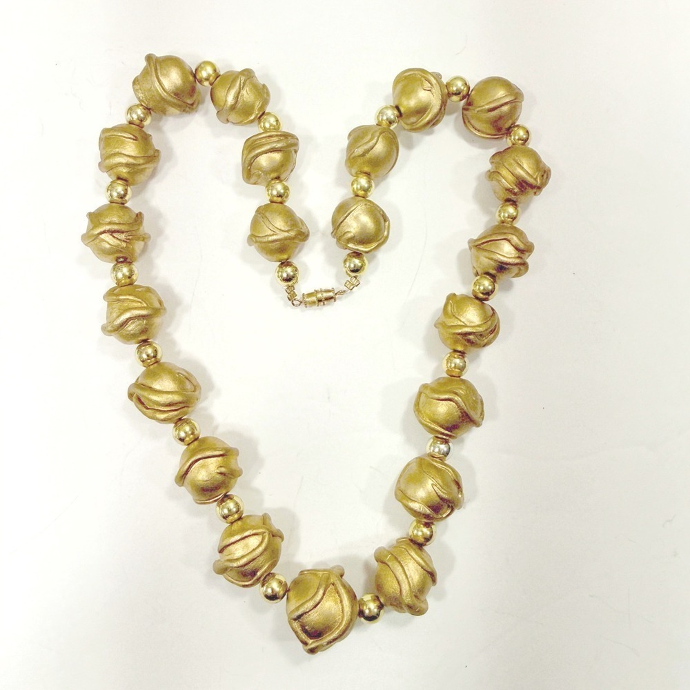 Chunky Gold Tone Statement Necklace Large Textured Beads Clasp Party Vintage - Picture 4 of 9